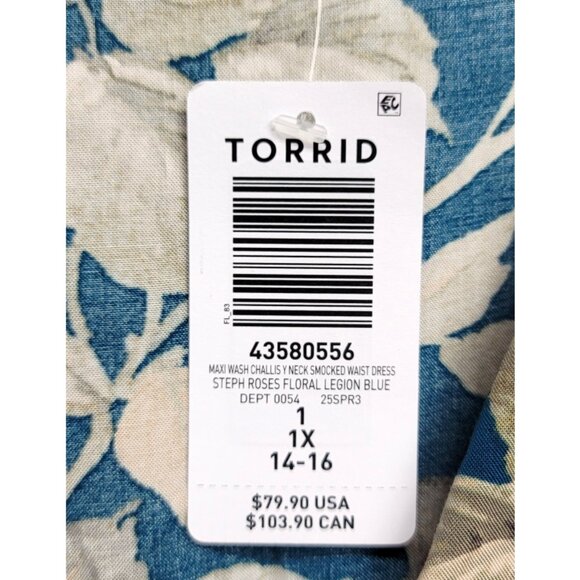 NWT Torrid 1 Blue Floral Maxi Challis Smocked Waist Dress 1X 14 16 - Picture 7 of 9
